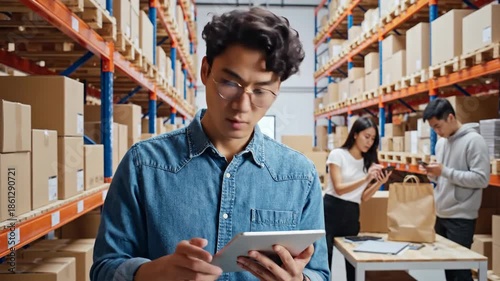 Warehouse worker checking inventory on digital tablet amidst stacked boxes