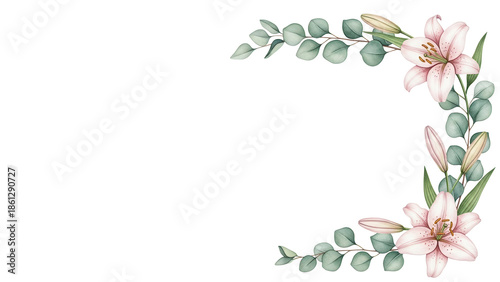 Elegant hand painted watercolor corner frame featuring lilies and eucalyptus in sage and blush pink isolated on white background