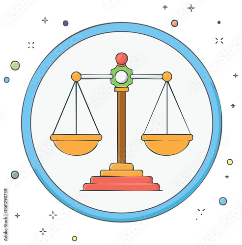 Stylized balance scale in a circle symbolizing justice, equality, law, and equilibrium icon illustration