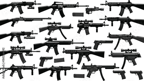 Firearm silhouette collection, rifles, handguns, submachine guns, weapon icons, tactical guns, side view, black vector, military firearms, magazine set