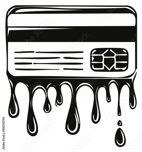 Melting credit card black and white conceptual illustration symbolizing debt and financial crisis
