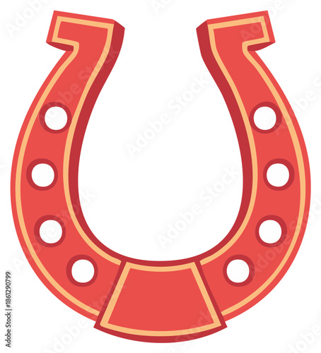 Bright red horseshoe with stylized design, a vibrant symbol of luck and western heritage