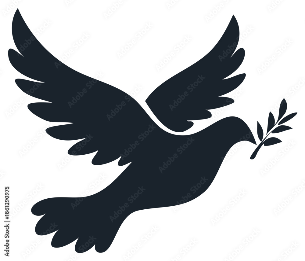 Obraz premium Flying Dove Silhouette with Olive Branch, Symbol of Peace and Hope