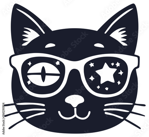 Cartoon cat wearing sunglasses with star reflections