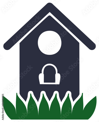 Stylized Birdhouse Illustration in Dark Blue with White Accents, Surrounded by Green Grass, Simple Icon Design