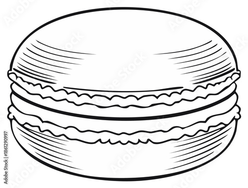 Hand drawn macaron sketch vector illustration Black and white outline of a sweet French dessert cookie
