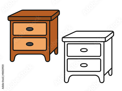 Simple bedside table illustration with a colored version and an outline version, clean and minimal style suitable for icons, UI elements, stickers, and educational visuals.