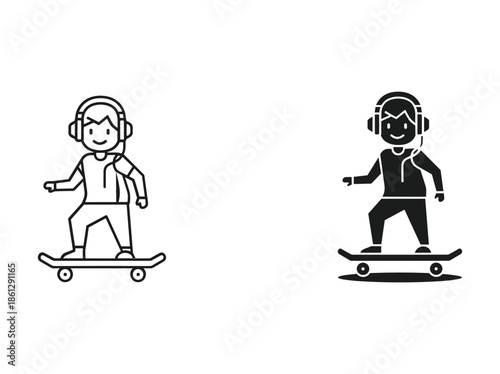 Cartoon boy riding skateboard with headphones