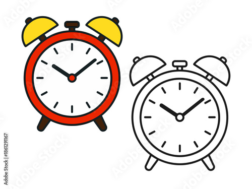 Simple alarm clock illustration showing a colorful version and a clean outline version, ideal for icons, UI design, stickers, learning materials, and modern digital graphics.