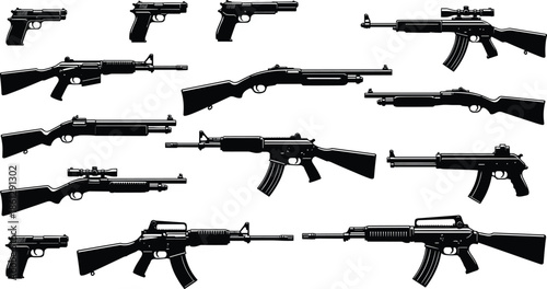 Firearm silhouettes, handgun, rifle, submachine gun, tactical weapon, black outline, military gear, weapon lineup, firearm comparison, isolated, collection