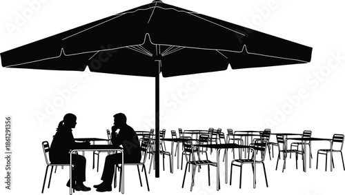 Silhouette couple seated at outdoor cafe table under large umbrella, dining, conversation, restaurant, leisure, isolated black figures, chairs, tables on white background.