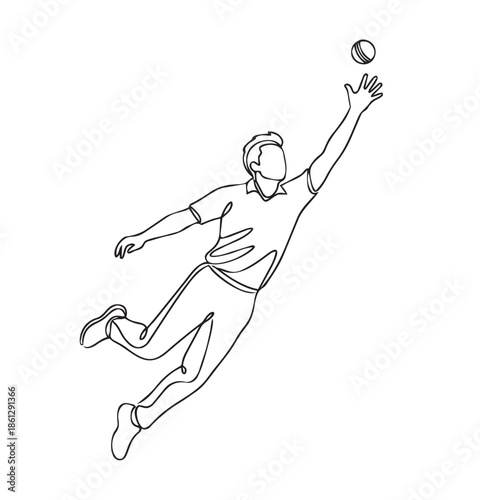 Minimal hand-drawn line illustration of a cricket fielder leaping to catch the ball. Clean outline sketch on white background.