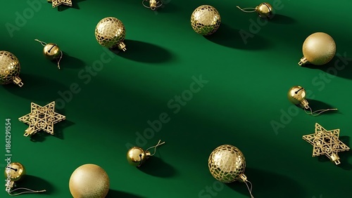 Golden and green Christmas ball decorations on a winter holiday tree