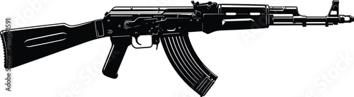 AK-47 rifle silhouette, assault weapon icon, tactical firearm, black vector, side profile, military gun, barrel detail, combat illustration