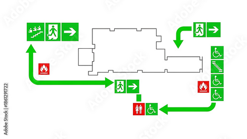 Emergency exit signs and building layout for safe evacuation