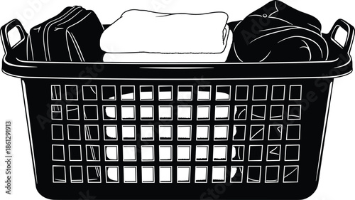 Laundry basket with folded clothes vector illustration, household washing concept, black and white laundry hamper icon, domestic cleaning, organization, home chores design