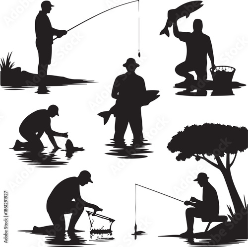 Silhouettesofpeoplefishingindifferentposesandscenesisolated