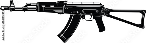 AK-style rifle silhouette, assault weapon icon, tactical firearm, black vector, side profile, folding stock, military gun, combat illustration, barrel detail