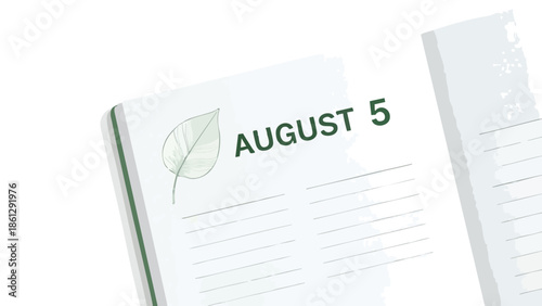 A minimalist planner page displays August 5, adorned with a subtle green leaf. This design promotes thoughtful daily organization and mindful