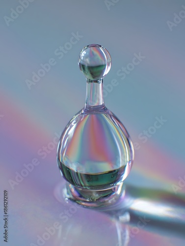 Macro water droplet shaped like a perfume bottle with prismatic rainbow light refraction