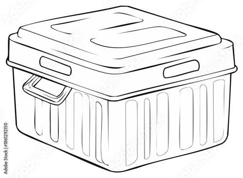 Lidded storage container with ribbed sides and carrying handles, illustration