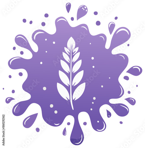 Botanical splash art, white leaf on purple paint blotches with drops and dots