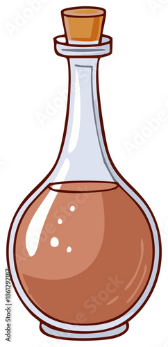Potion bottle with cork illustration, vintage style glass container with brown liquid, magic elixir design