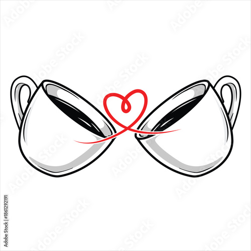 Two white coffee cups clinking together with a red heart shaped string connecting them