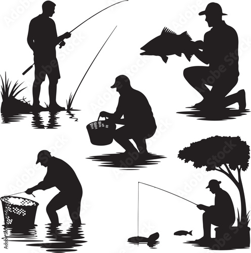 Silhouettes of people engaged in various fishing activities by the water