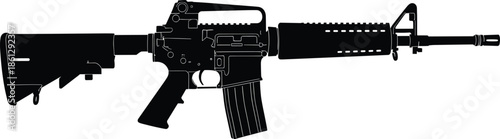 Assault rifle silhouette, M4 carbine, tactical weapon, black outline, military firearm, combat gear, firearm profile, isolated, weapon icon, illustration