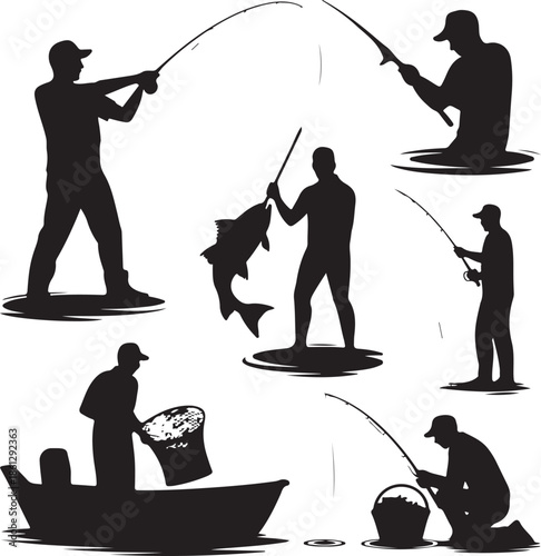Silhouettes of people engaged in various fishing activities and techniques