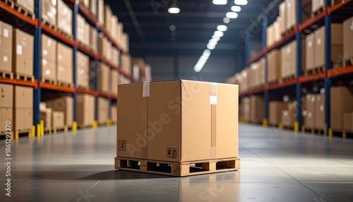 Wallpaper Mural Wooden pallet with two cardboard boxes in spacious warehouse interior featuring shelves, forklift, and safety markings. Torontodigital.ca