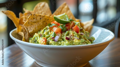 A bowl of fresh guacamole with a side of whole grain chips