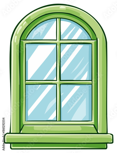 Green arched window frame with multiple panes and sill, simple cartoon illustration