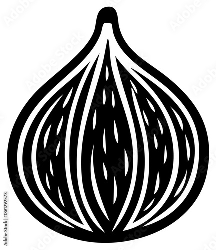 Stylized black and white icon of a ripe fig with detailed texture