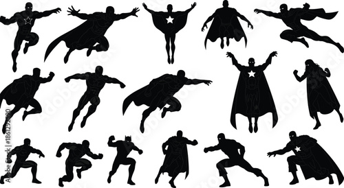 Superhero silhouette poses vector illustration, flying and action hero characters collection, comic style strength figures, black and white dynamic design set