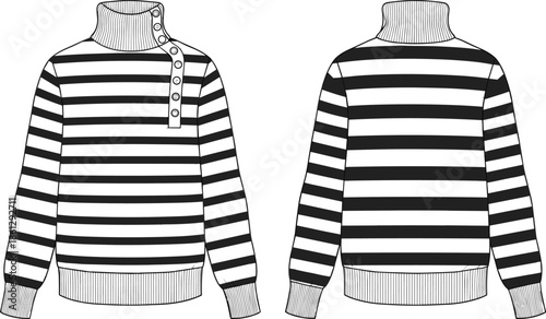 Striped sweater front and back view vector illustration, button neck turtleneck pullover design, classic fashion apparel flat technical drawing