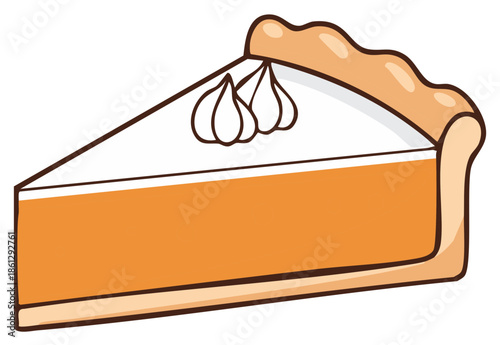 Slice of pumpkin pie with whipped cream topping and flaky crust, cartoon style
