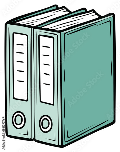 Two teal office binders with blank labels and metal rings, presented in a simple cartoon style