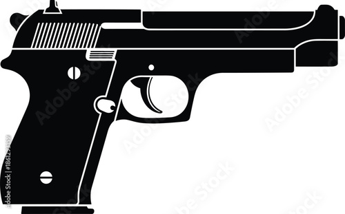 Black handgun silhouette, semi-automatic pistol, firearm icon, weapon illustration, tactical gun, side view, safety graphic, gun profile, vector art