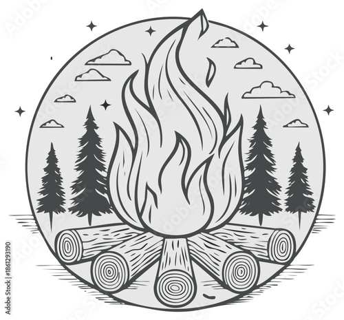Cozy Campfire Illustration: Camping Adventure with Logs, Flames, and Wilderness Vibe