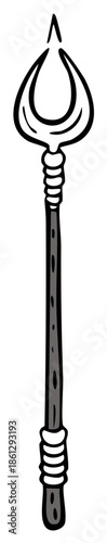 Illustration of a primitive tribal spear weapon with a pointed head and decorative shaft