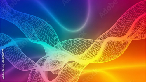 Vibrant abstract waves of colorful mesh flowing through a gradient background from blue to orange, illustrating dynamic motion and digital artistry in a modern illustration style.