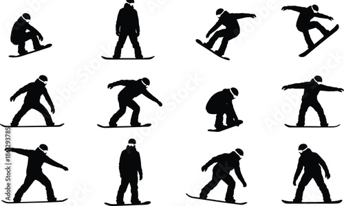 Snowboarder Athlete Silhouettes Collection, Extreme Winter Sport Jumps and Tricks, Men Snowboarding Vector Graphic Illustration Set for Active.