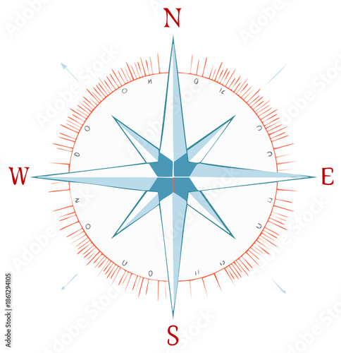 Stylized Compass Rose with Cardinal Directions and Degrees for Navigation