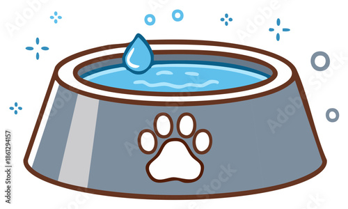 Cute Cartoon Dog Bowl Filled With Water and Paw Print Symbol Clean Hydration