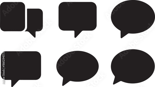 A collection of various black speech bubble icons and shapes presented in a simple minimalist style for communication and dialogue representation