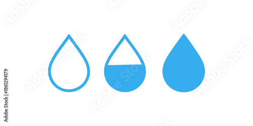 Three blue water droplet icons showing different fill levels isolated
