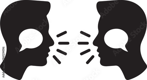 A simple black and white illustration depicts two profile faces in conversation with speech bubbles indicating an exchange of ideas or dialogue