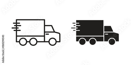 Fast shipping delivery truck icons in black glyph and liner versions for design.